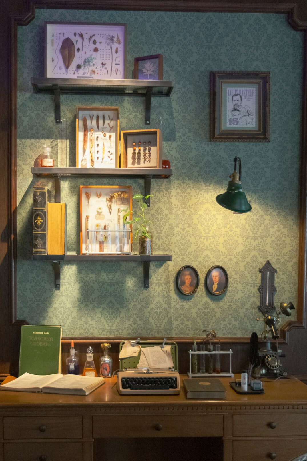 Editorial office desk with typewriter, papers and a cup of coffee
